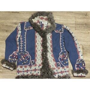 Roberta Frost Cardigan Sweater Alpaca Fur Trim Hand Knit Small Cottagecore